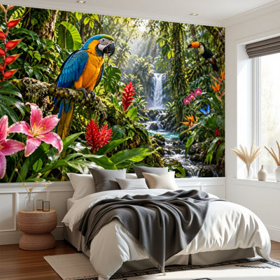 Peel and Stick Wallpaper Blue Gold Macaw Tropical Rainforest Waterfall Exotic Wall Murals 100"H x 144"W Removable PVC Wall Paper Self-Adhesive Wall Decor for Bedroom Living Room Home Office