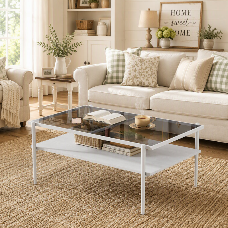 Table basse rectangulaire avec plateau en verre trempé gris et pieds blancs, table de salon moderne, Grey Top/White Base
