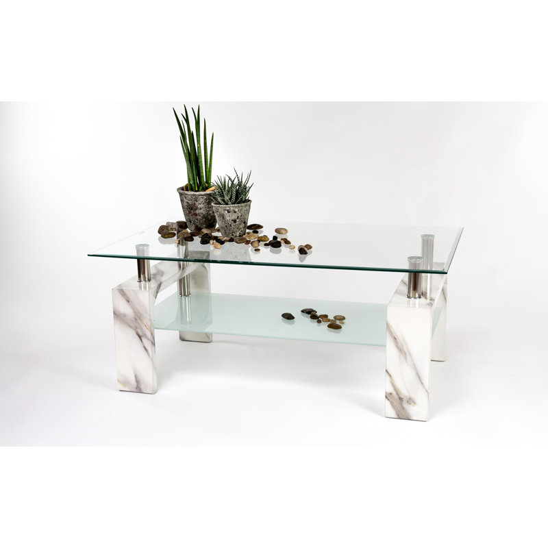 Sharlyn Four Leg Coffee Table, Clear, White marble