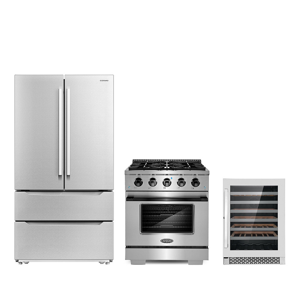 Cosmo 2 Piece Kitchen Appliance Packages with 30 Free Standing Gas Range  Kitchen Stove & French Door Refrigerator Kitchen Appliance Bundles