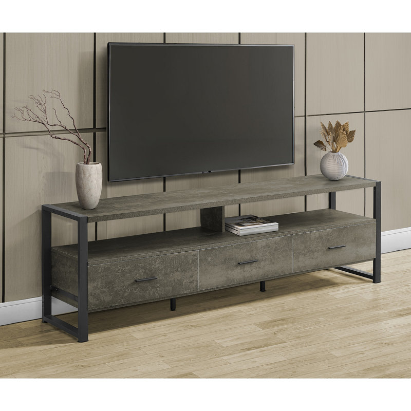 Meuble télé 72 po, meuble télé en stratifié bronze foncé, métal noir, 2 espaces ouverts pour les articles, 3 tiroirs, po