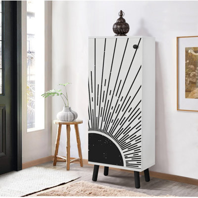 Armoire à chaussures moderne avec pieds et poignées en bois massif, design abstrait blanc et noir, 19,7 x 53,1 x 15,0 pouces | Panneau de particules 100% mélaminé, revêtement UV | Plusieurs tablettes pour un rangement organisé