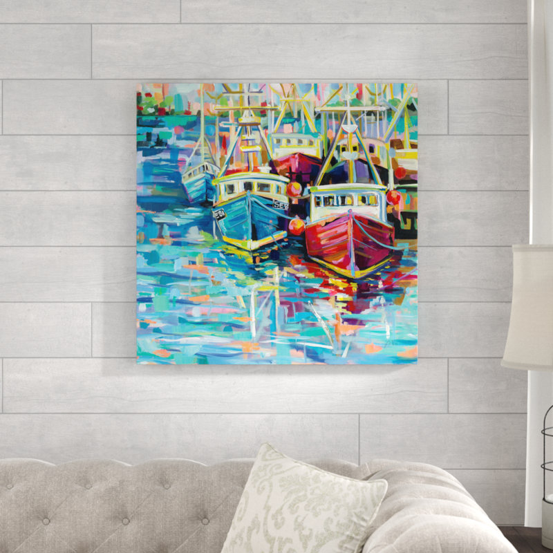 Stonington Docks par Jeanette Vertentes - Peinture sur toile, H 30 po x l 30 po