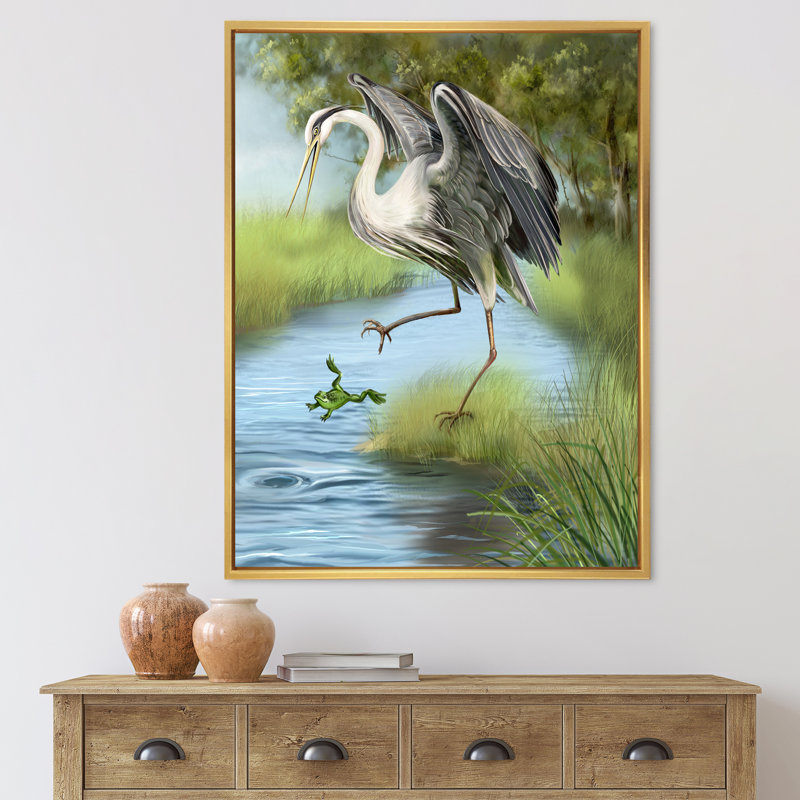 Grue chassant une grenouille dans l'eau - Imprimé campagnard, H 40 po x l 30 po x 1,5 po, Encadrement doré