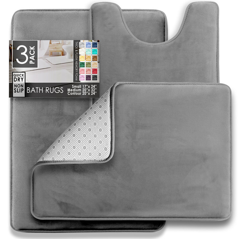 Aighan 3 Piece Ultra Soft and Absorbent Memory Foam Bath Rug Set with Non-Slip Backing, Med Gray