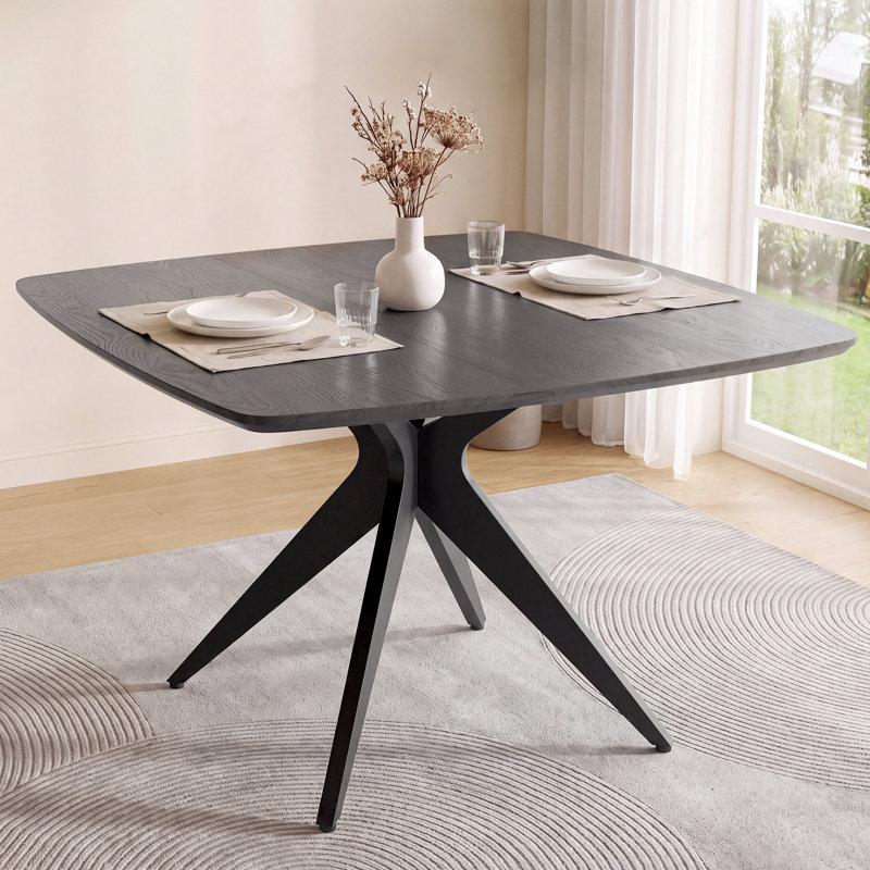 45.3" Wide Square Solid Wood Dinging Table with Metal Legs, Black, Solid Wood