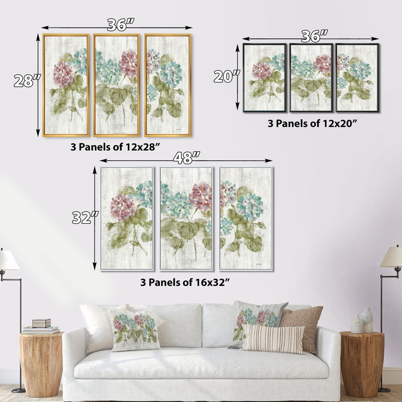 Fleurs d'hortensia rouge et bleu éclatantes - ensemble d'art mural sur toile encadré maison de campagne, Cadre brun