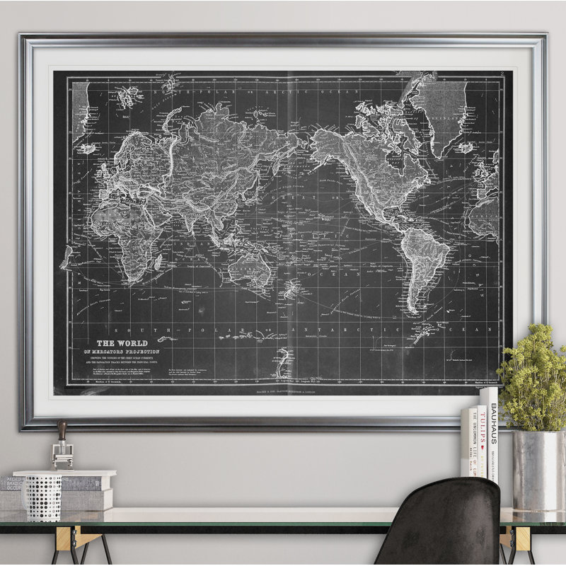 «Vintage World Map VI», reproduction d'art graphique encadrée, Argent, H 20 po x l 24 po x P 1,5 po