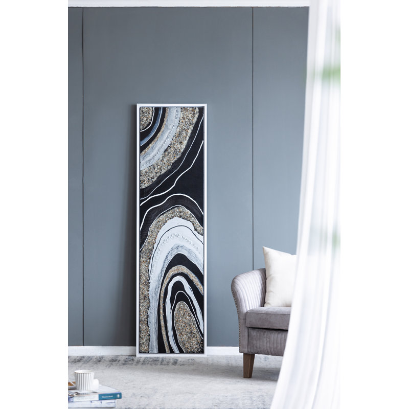 Elongated Landscape Rectangle Framed Artwork with Textured Silver Frame and Embedded Crystals, Rustic Decorative Piece for Living Room or Gallery Wall