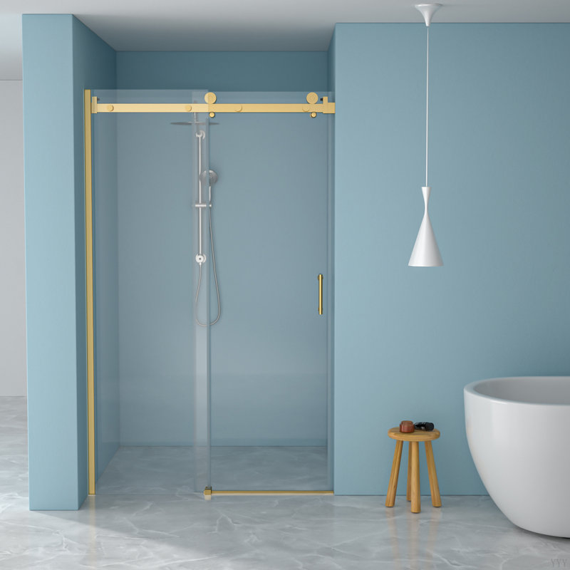 48"W X 76"H Single-Slide Shower Door - 8Mm Tempered Glass With 304 Stainless Steel Frame, Gold