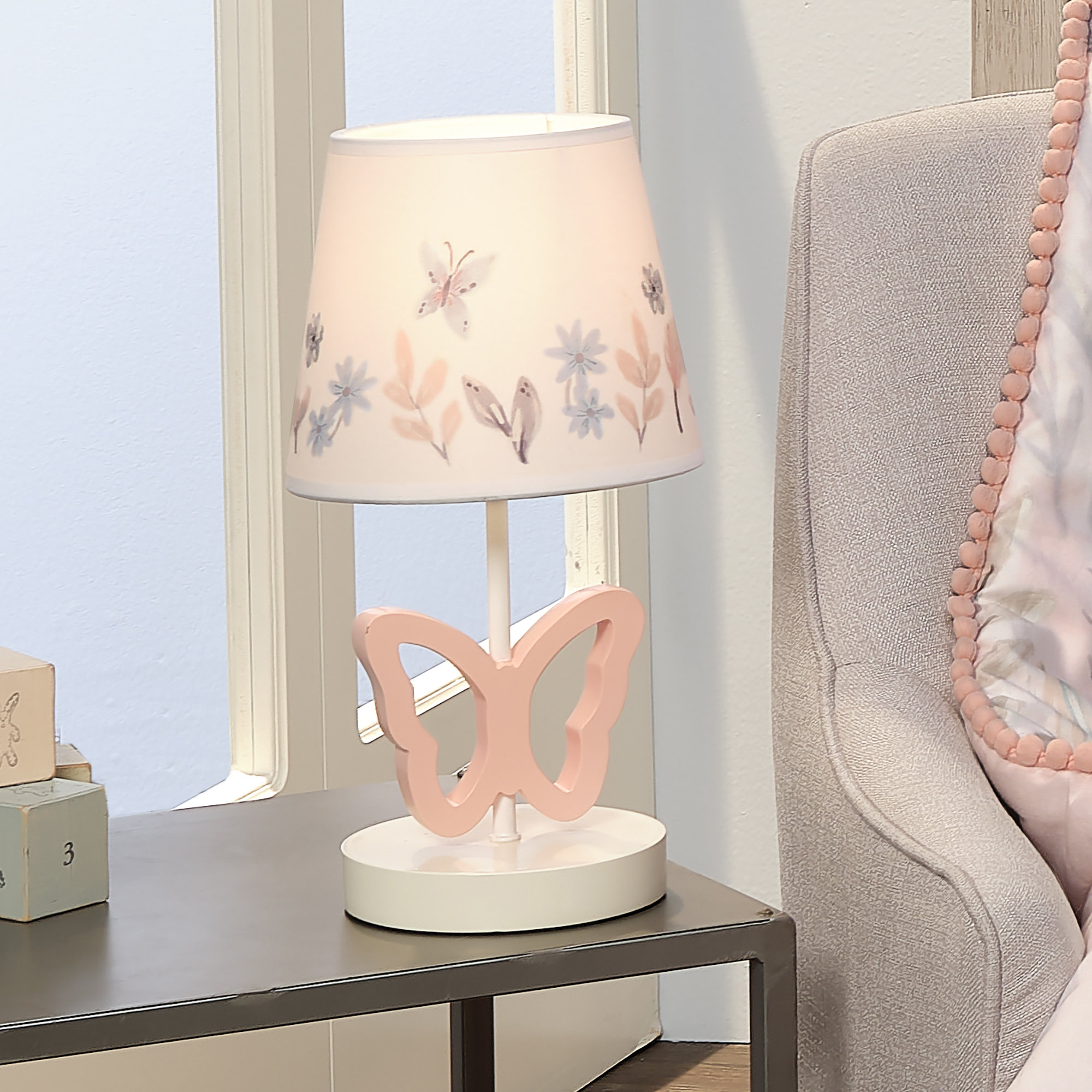 Pink Butterfly Nursery Lamp with Floral Shade & Bulb