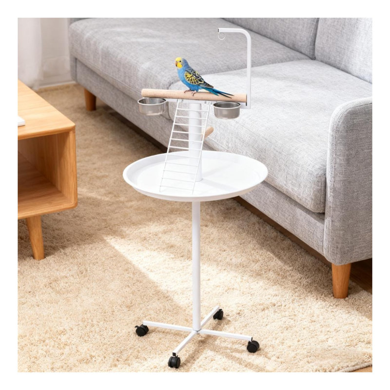Support mobile pour oiseaux avec roues, bols et plateau rond