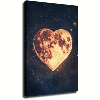 Lune en forme de cœur dans un ciel étoilé, art vintage, grande toile tendue sur châssis pour salon ou chambre