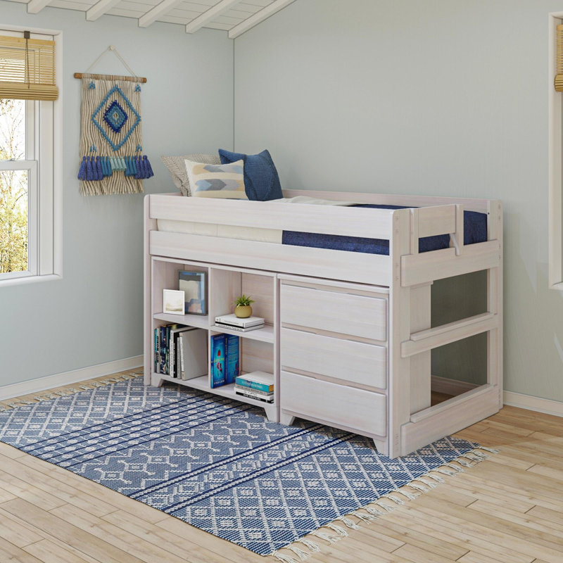 Lit mezzanine simple en bois massif Bettejo, Blanc délavé