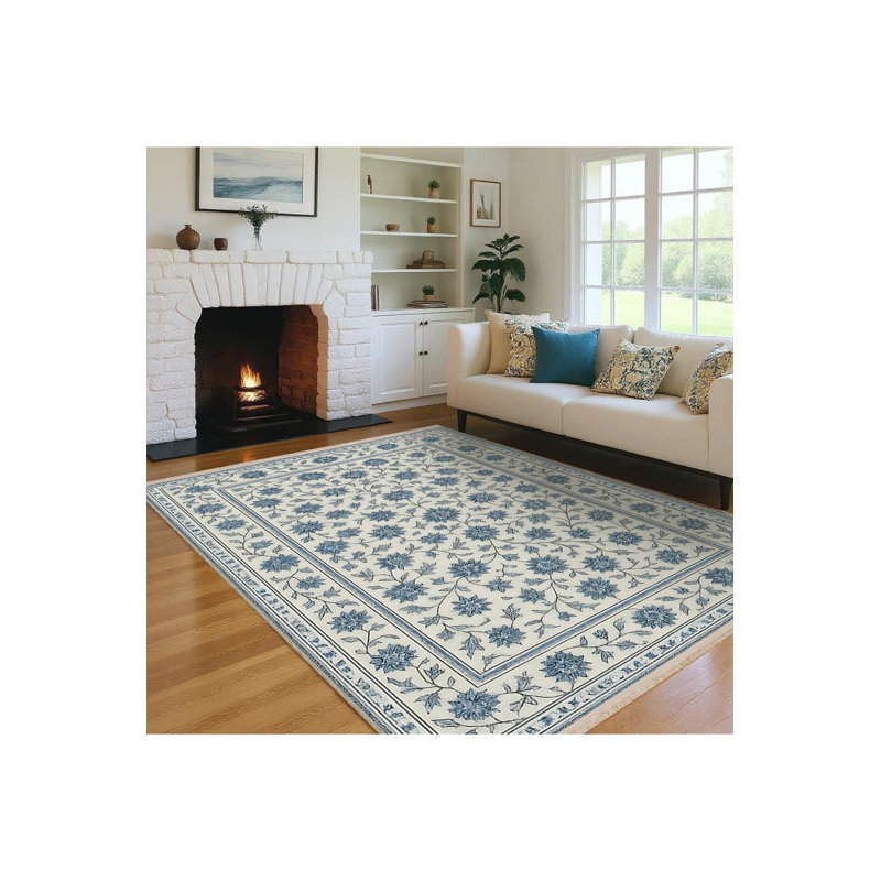 Tapis bleu tissé à motif floral lavable Mosso, 2' x 2'11"