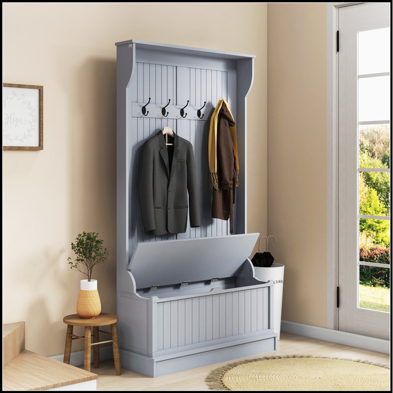 Arbre d'entrée 38 po 3 en 1 avec banc de rangement, portemanteau et range-chaussures, gris