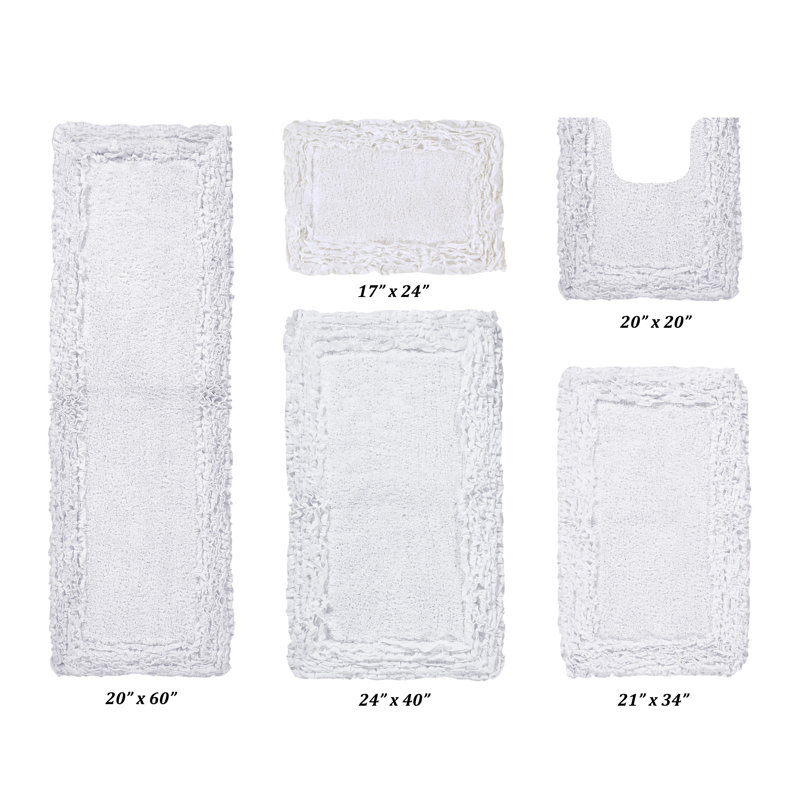 Courson Premium 100% Cotton 1775 GSM 5-Piece Bath Rug Set, OEKO-TEX® Certified, Non-Slip Spray Latex Backing, Plush Tufted Ruffle Pattern, Super Absorbent, Machine Washable Bathroom Rugs, White