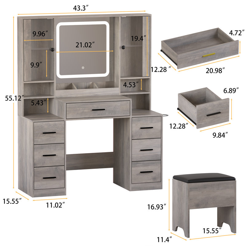 Bureau de coiffeuse 7 tiroirs avec tabouret de rangement, coiffeuse de maquillage avec armoire de rangement avec lumière et miroir, lumières DEL, station de charge et support pour sèche-cheveux