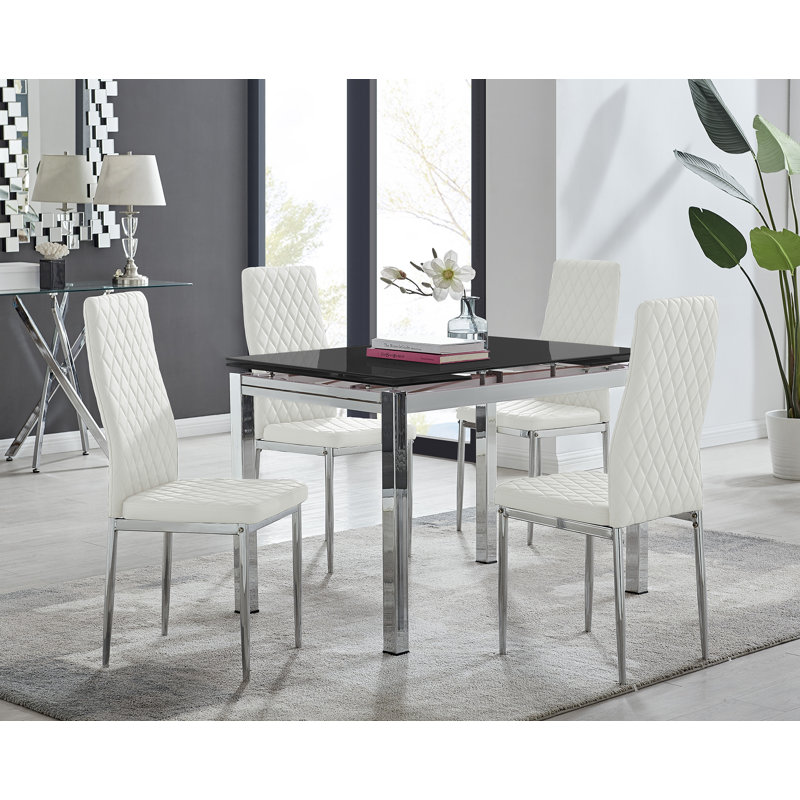 Tierra Modern Glass & Metal Extendable Dining Table Set & 4 Luxury Faux Leather Dining Chairs, White/Silver