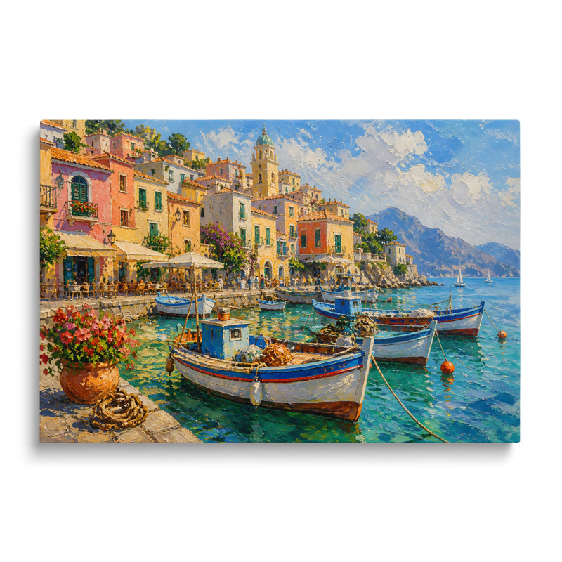 Peinture à l'huile représentant un village portuaire méditerranéen - 50 x 75 cm, H 20 po x l 30 po