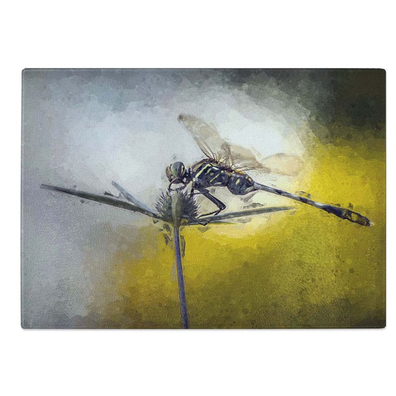 Glass Dragonfly Upon A Thistle in Abstract Chopping Board, 28.5 cm W x 20 cm L