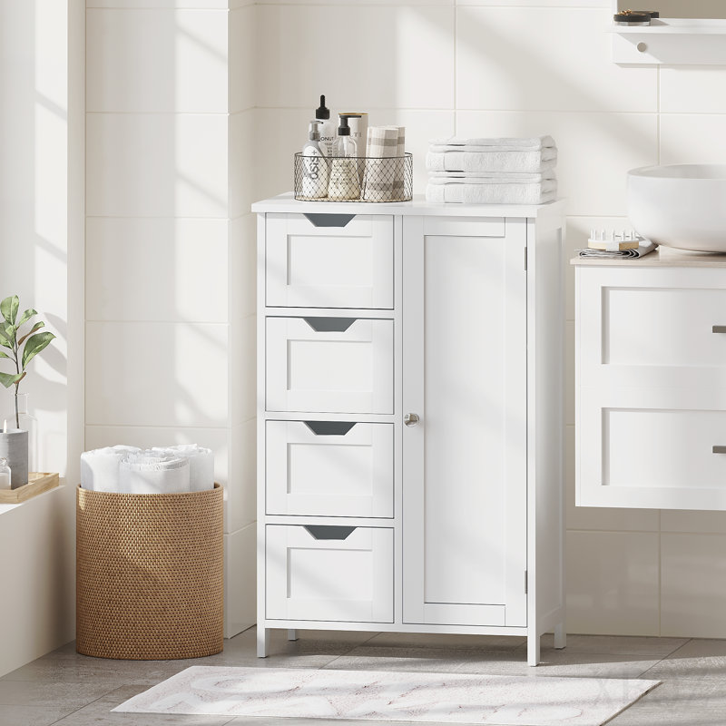 Armoire de rangement de salle de bain avec 4 tiroirs et 1 porte, organisateur de plancher autoportant en bois pour la salle de bain, armoire de rangement étroite pour les petits espaces, entrée, salon ou couloir, blanc