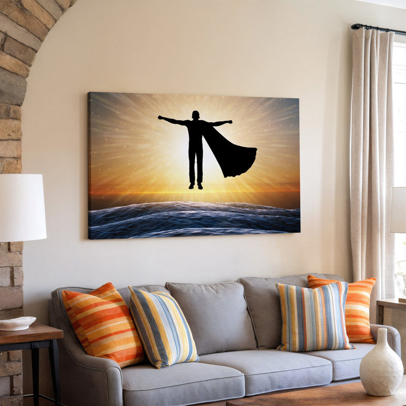 Toile, silhouette d'un superhéros en silhouette, bras tendus est capturée au milieu d'un vol d'art sur fond doré radieux