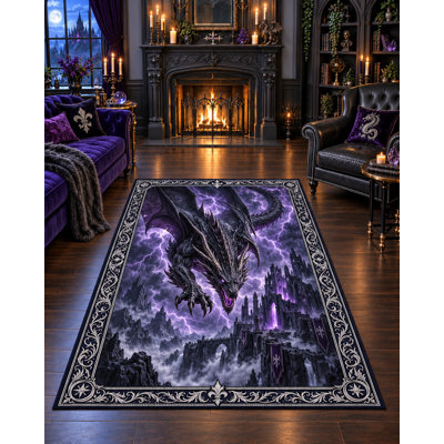 Tapis « Ultra Fin » 152 x 213 cm (5 pi x 7 pi) Dragon au-dessus d'un château orageux pour chambre, salon et bureau à domicile, moquette douce à poils courts avec envers antidérapant en silicone