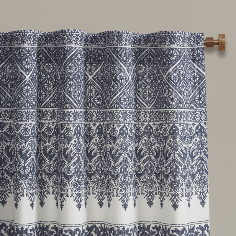Navy and White Cotton Boho Chenille Curtain Panel