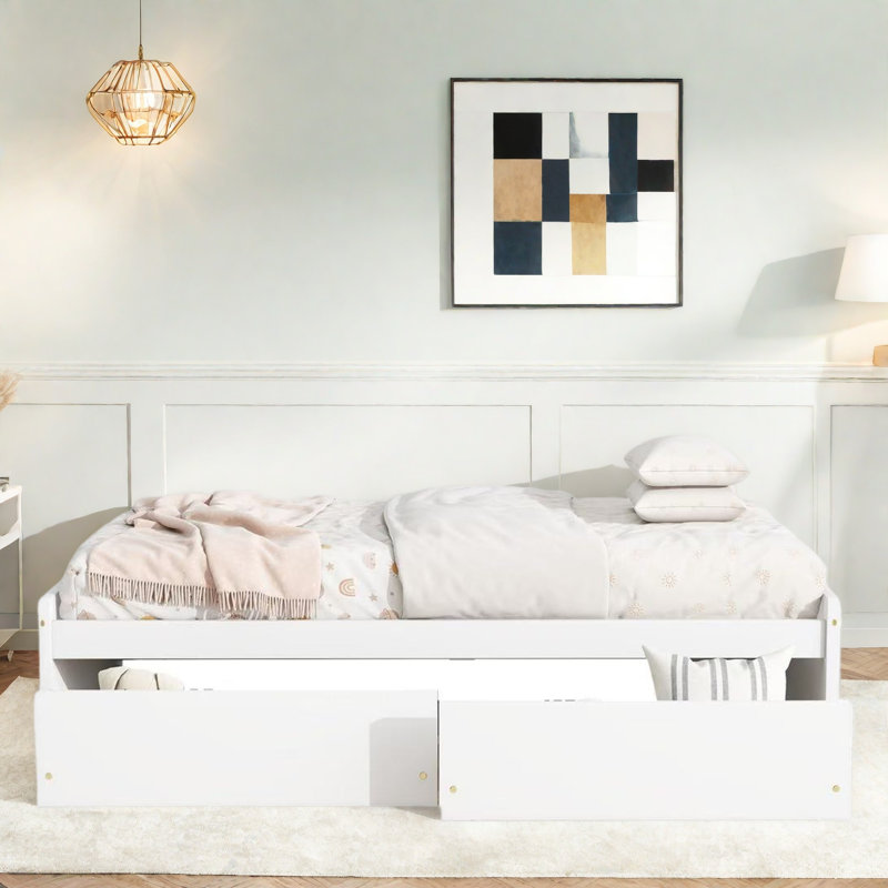 Lit à design minimaliste avec 2 tiroirs, Blanc