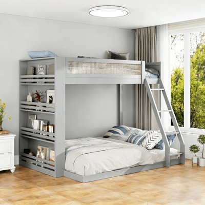 Twin Over Full Bunk Bed With Storage Bookcase, Rattan Guardrail And Light
