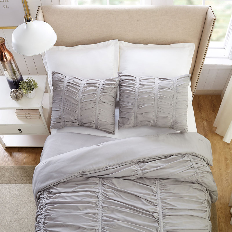 Emily Ruched Solid Textured Comforter Set, Light Gray, Twin/Twin XL Comforter + 1 Standard Sham