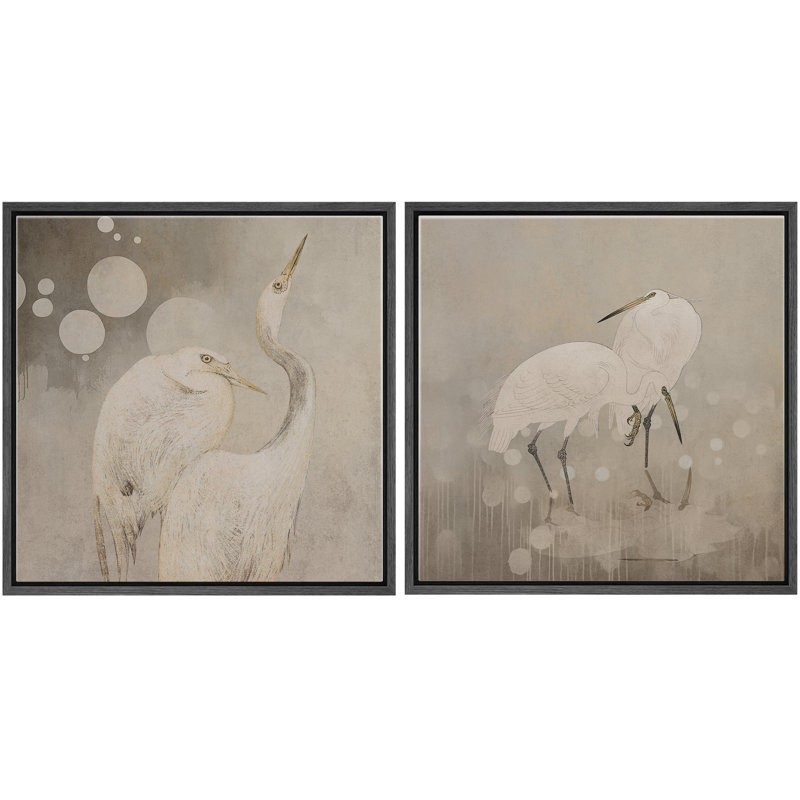 «Tranquil Heron pair», ensemble de 2 reproductions d'art sur toile encadrées - Oiseau inspiré de la nature, H 16 po x l 32 po