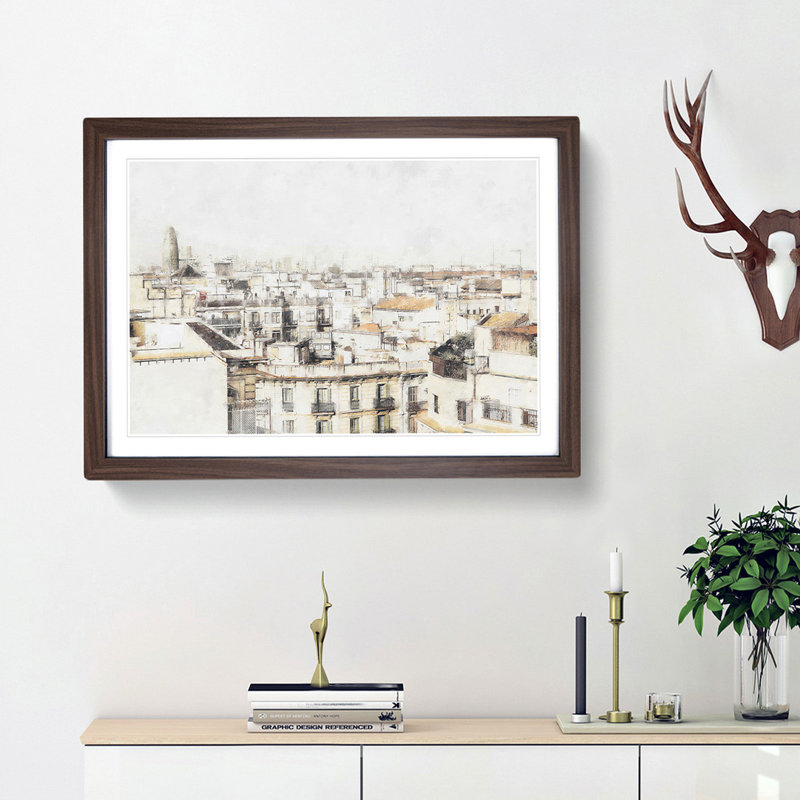 Rooftops in Barcelona Spain - Picture Frame Painting Print, 24cm H x 33cm W x 2cm D, Walnut Framed