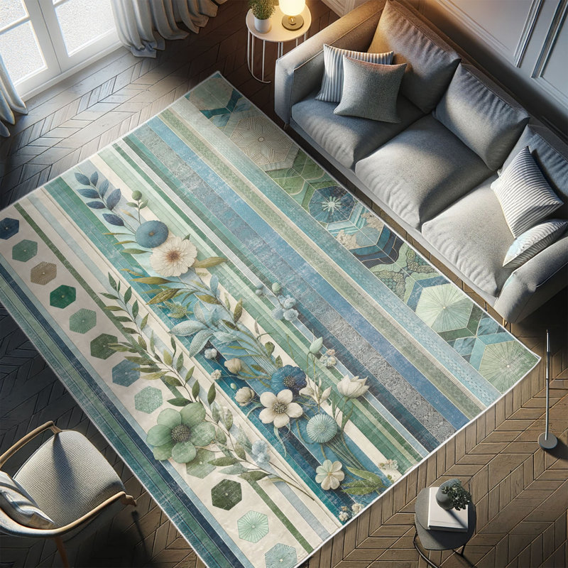 Teal Blue and Green Floral Synthetic Area Rug 2'3" x 3'9"