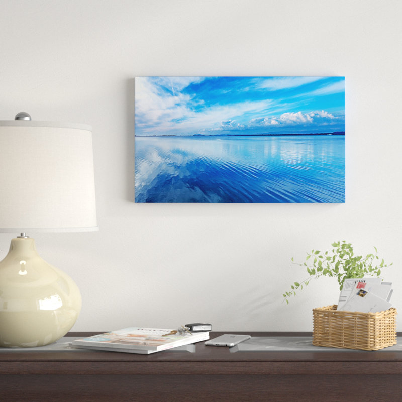 Coucher de soleil - Paysage panoramique bleu, H 16 po x l 32 po x P 1 po, Cadre flottant