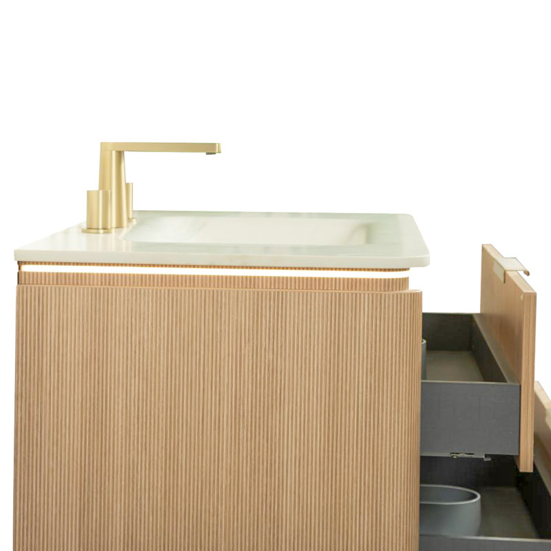 Meuble-lavabo autoportant en contreplaqué de 36 po, lavabo intégré en pierre frittée blanc de Carrare, éclairage DEL à détection automatique, pré-assemblé, couleur grain de bois de chêne clair 