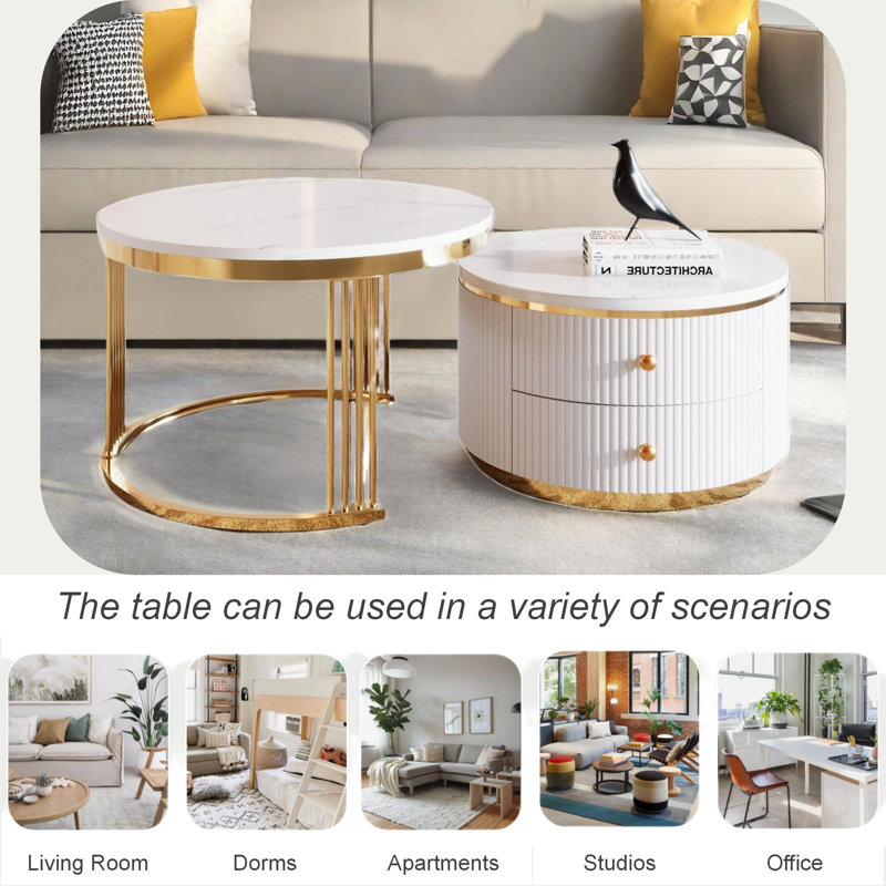 Modern 2 Pieces Round Nesting Coffee Table With 2 Drawers And Electroplated Gold Legs