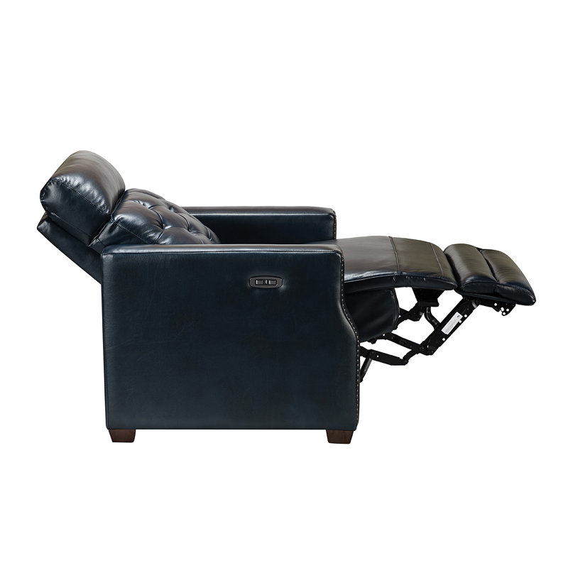 Gumesindo 31.50" Wide Genuine Leather Power Recliner, Navy Genuine Leather