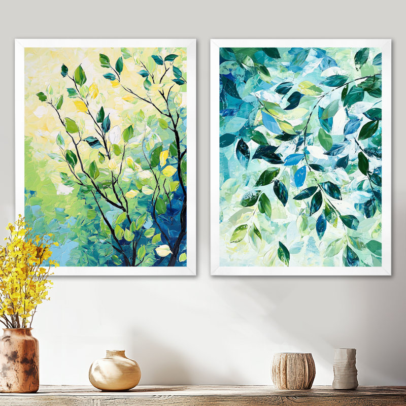 Summer Green Branches in the Wind I - Leaves  Canvas Wall Art, Traditional Floral 2 Piece Wall Decor, 32" H x 48" W