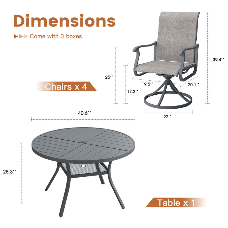 Outdoor Patio Dining Set - 41.7” Round Table with Umbrella Hole & Storage Shelf + 4 Swivel Chairs, Gray/Gray