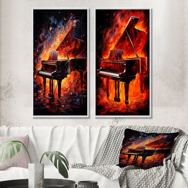 «Red Piano», ensemble de 2 reproductions d'art sur toile, Cadre blanc, H 40 po x l 41 po
