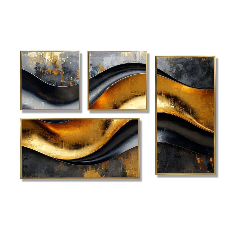 Géométrique Cooper Waves II - Art mural abstrait grand 4 pièces, Reproduction encadrée sans passe-partout, Doré
