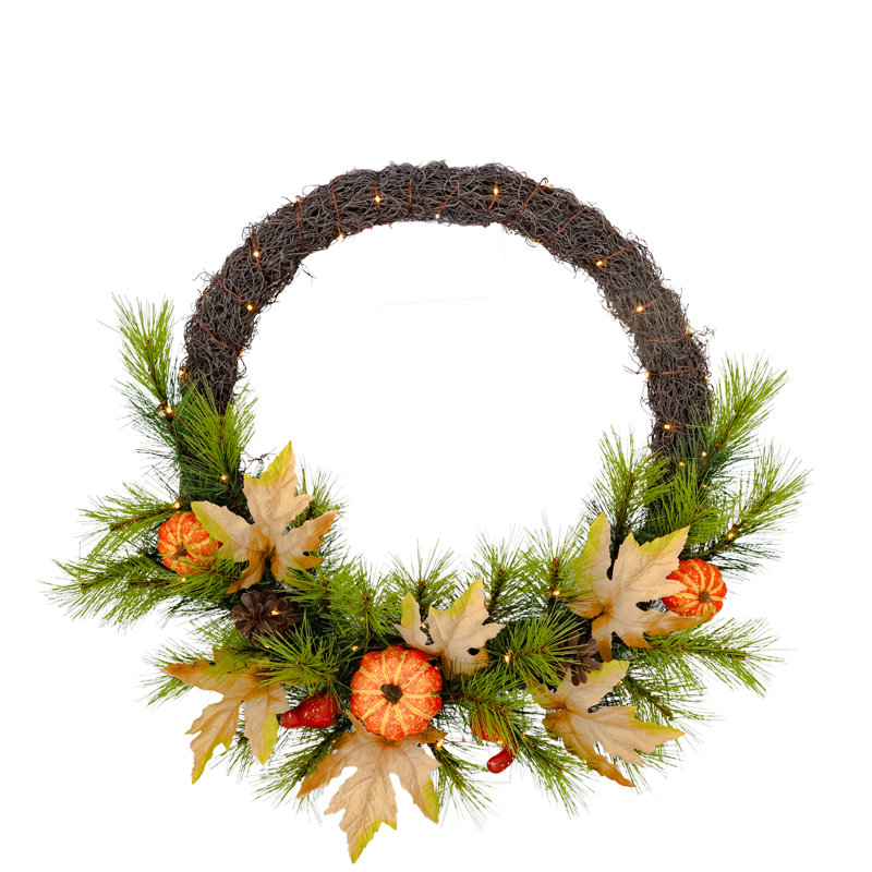 RUSTIC FOREST - 26" Autumn Wreath with 75 Warm White LED Microbulbs  