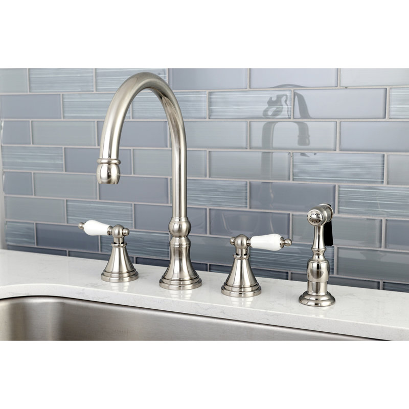 Kingston Brass Governor Double-Handle 4-Hole Widespread Kitchen Faucet with Brass Sprayer, Brushed Nickel