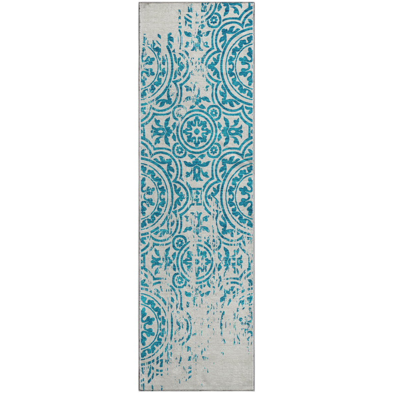 Premium Machine Washable Prisco Teal Rug, Runner 2'3" x 7'6"