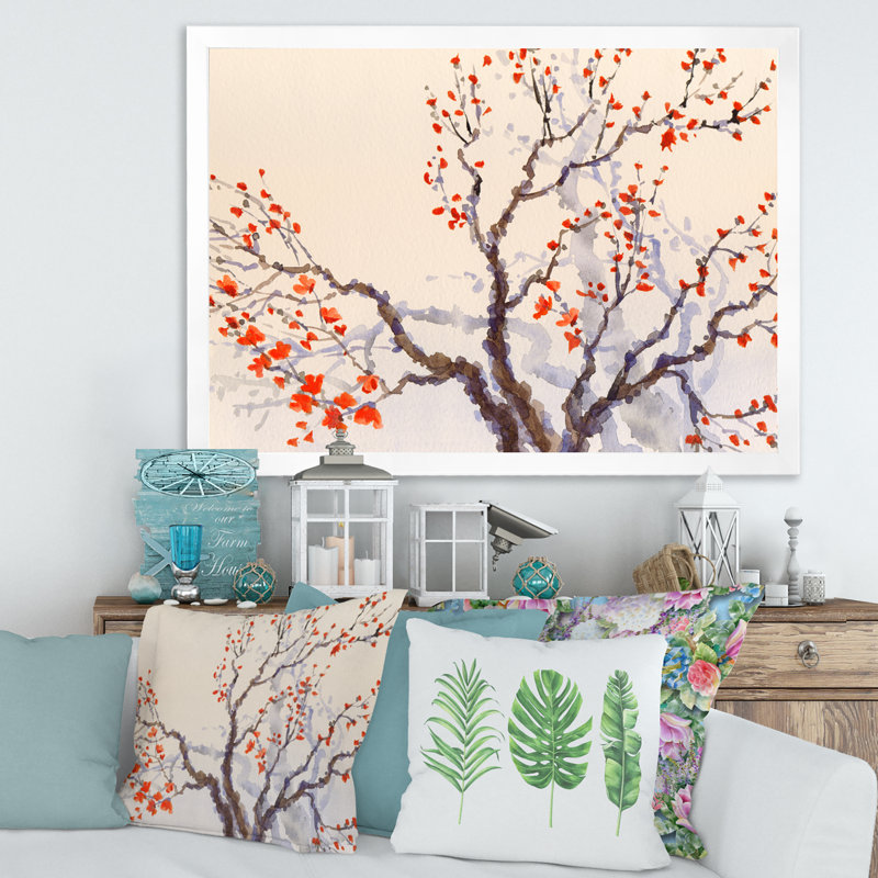«Red Flowers and Buds on the Spring Blossoming Tree», peinture sur toile encadrée, H 24 po x l 32 po x P 1 po, Cadre blanc