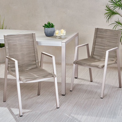 Chaises de salle à manger d'extérieur en aluminium taupe avec siège en corde de 2, siège élégant respirant, finition moderne