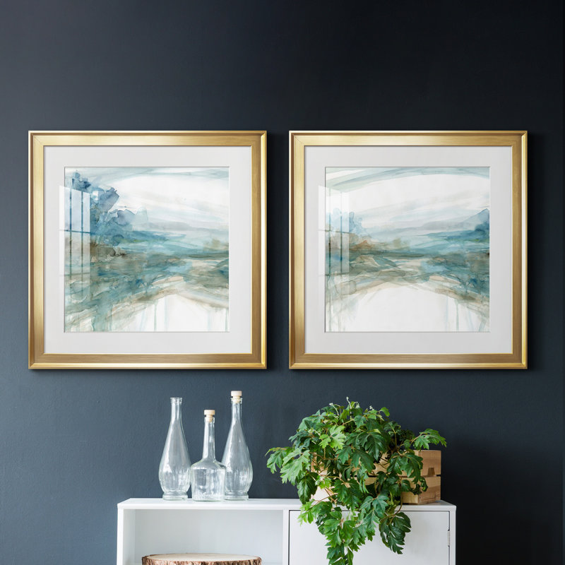 Shimmering Treeline I - ensemble de 2 reproductions d'art, Blanc, H 17,5 po x l 35 po x P 1,5 po, Toile encadrée dorée
