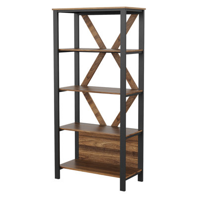 5 Tier Industrial Bookshelf with LED Lights, Metal Display Book Case, Open Book Shelf Organizer, Heavy Duty Tall Storage Bookcase for Bedroom Office Living Room, Vintage